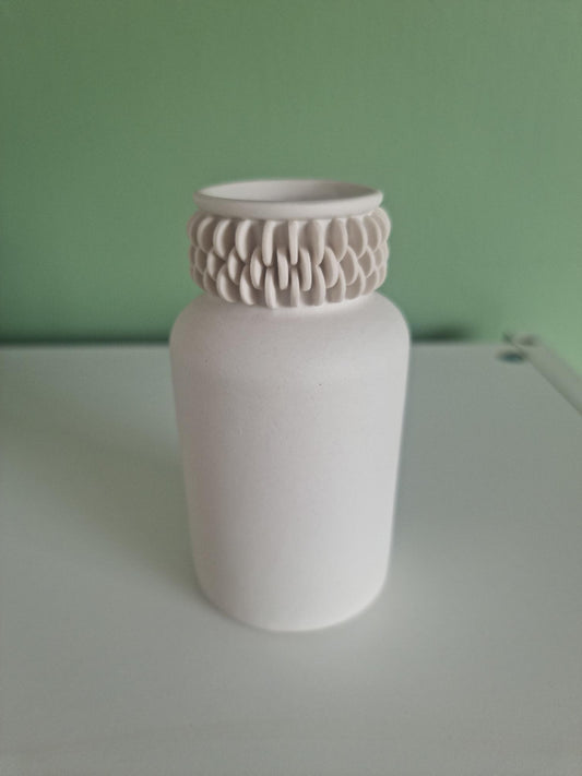 Small White Bottle Vase with Discs on Neck